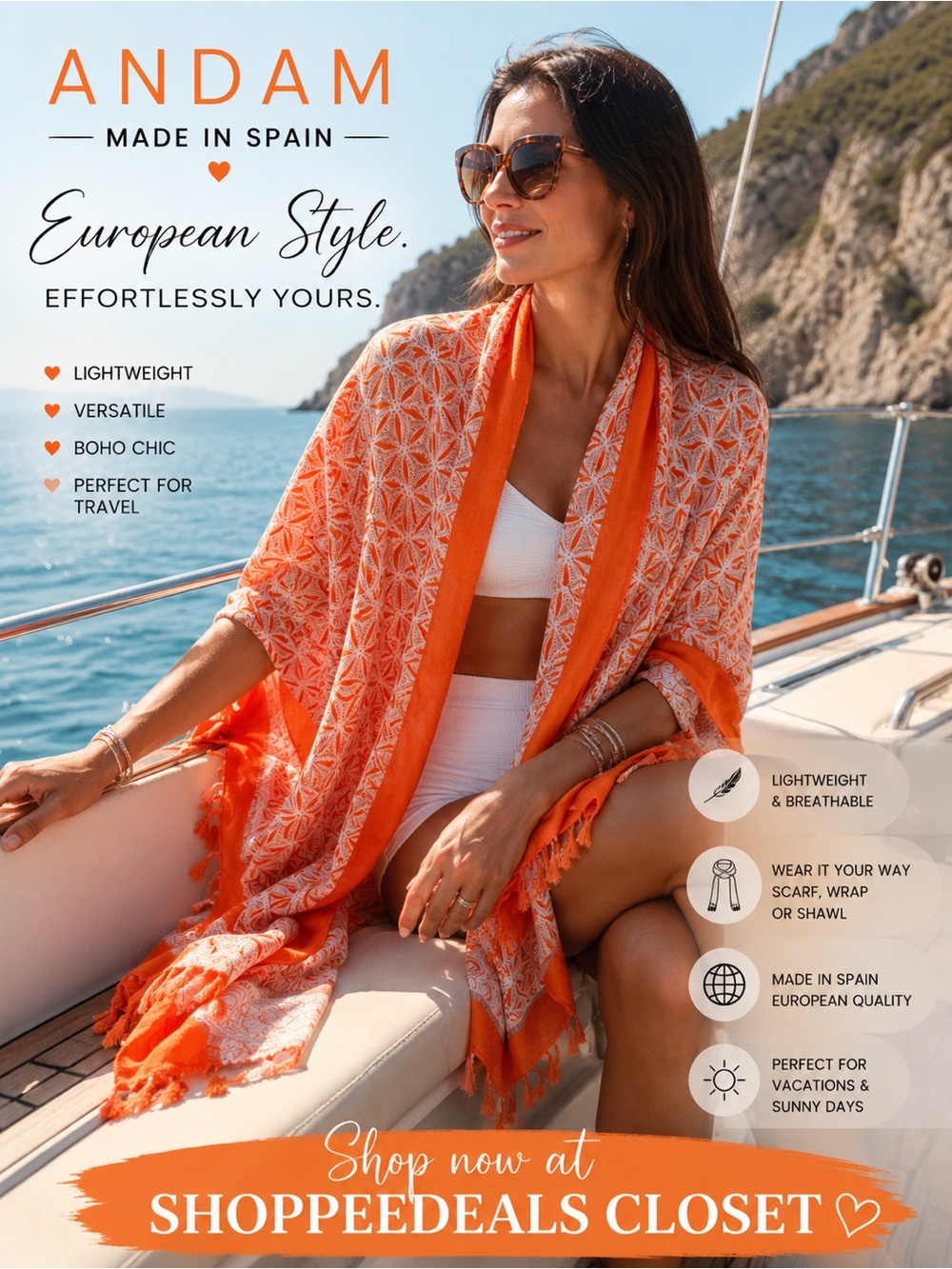 ANDAM Orange & White Geometric Tassel Scarf Wrap Shawl